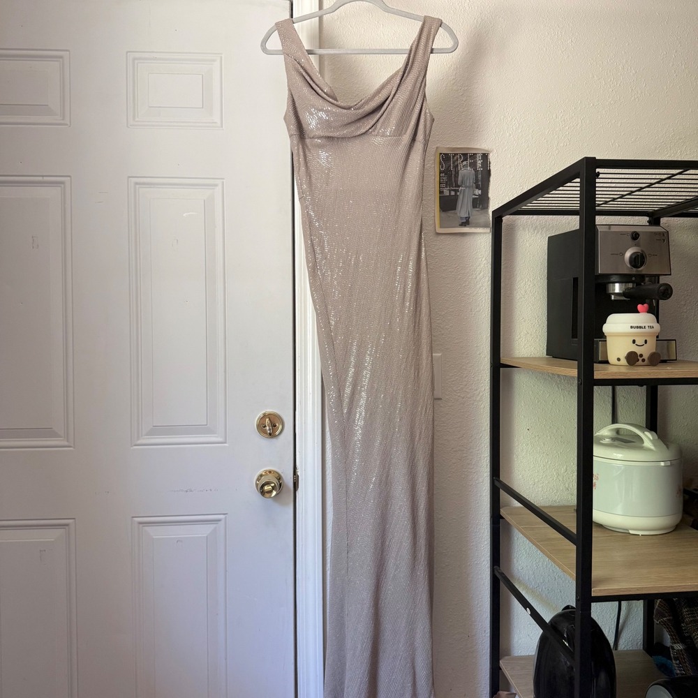 DINA BAR-EL‎ vintage dusty rose pink blush silver sequin event formal maxi gown